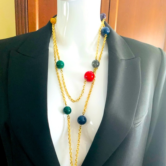 Gold tone chain necklace with bright colored balls - Picture 2 of 12